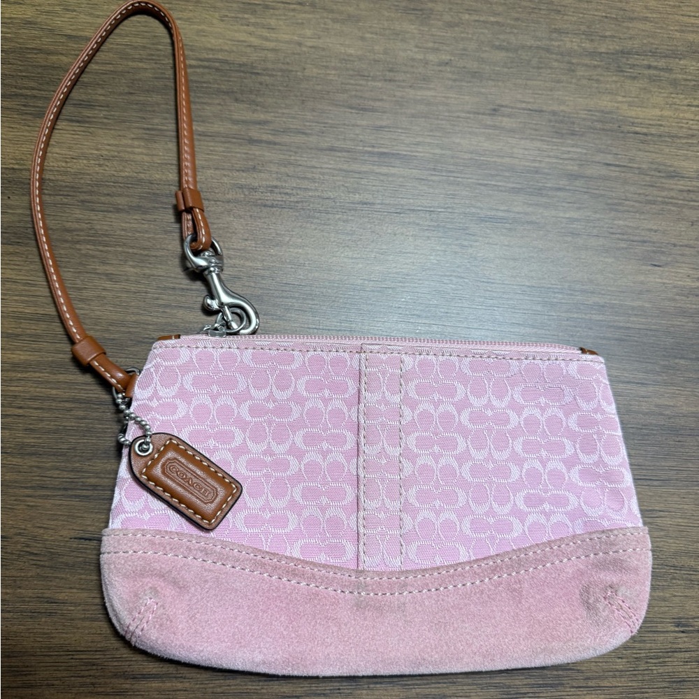 Coach Signature Pink Wristlet with Tan Strap